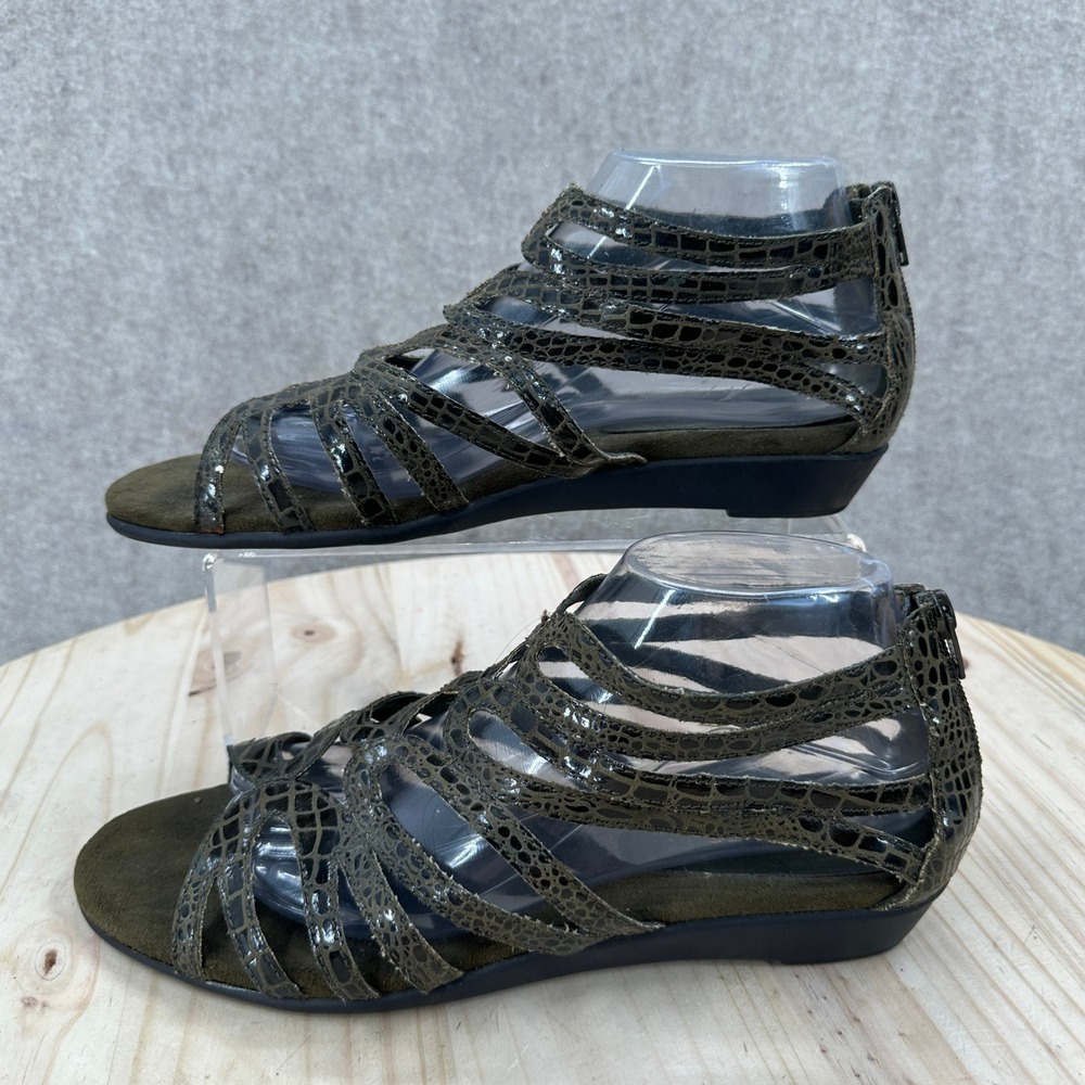 Aerosoles Gladiator Sandals Womens 10 Olive Green Croc Strappy Wedge